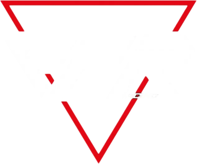 Logo de la marca con diseño geométrico en colores blanco y rojo, destacando un triángulo invertido y letras estilizadas. Ideal para representar una identidad visual moderna y dinámica.