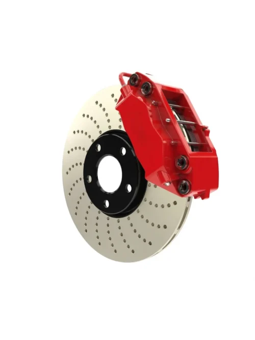 Freno de disco con pinza roja y rotor perforado, ideal para mejorar el rendimiento de frenado en vehículos deportivos.