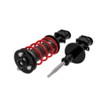 Amortiguador de automóvil con resorte rojo y componentes de montaje, ideal para mejorar la suspensión y el rendimiento del vehículo.