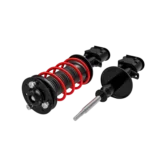 Amortiguador de automóvil con resorte rojo y componentes de montaje, ideal para mejorar la suspensión y el rendimiento del vehículo.