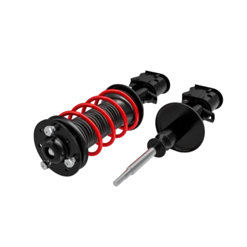 Amortiguador de automóvil con resorte rojo y componentes de montaje, ideal para mejorar la suspensión y el rendimiento del vehículo.