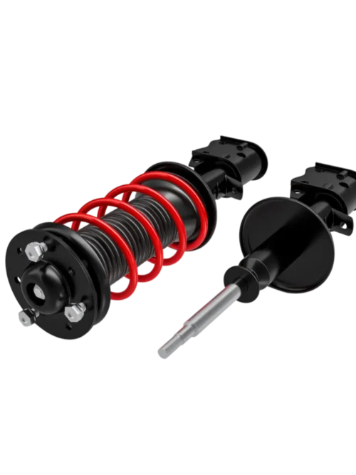 Amortiguador de automóvil con resorte rojo y componentes de montaje, ideal para mejorar la suspensión y el rendimiento del vehículo.