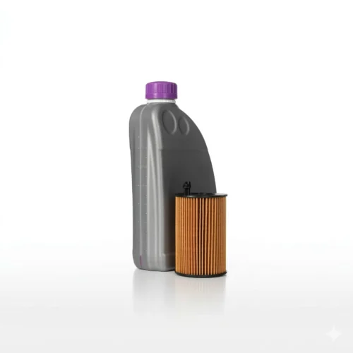 Botella de aceite de motor gris con tapa morada y un filtro de aceite de color marrón, ideal para el mantenimiento de vehículos.