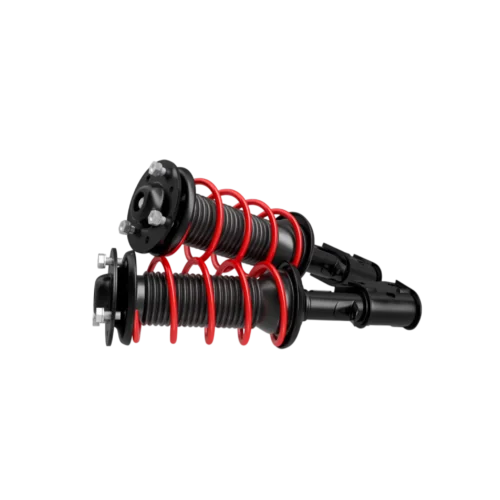 Amortiguadores de suspensión con resortes rojos, diseñados para mejorar la estabilidad y el rendimiento del vehículo. Ideal para personalizar coches y optimizar la conducción en diferentes condiciones.