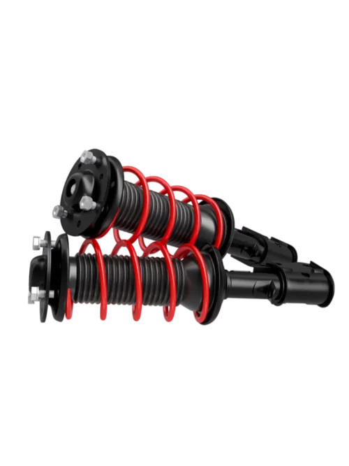 Amortiguadores de suspensión con resortes rojos, diseñados para mejorar la estabilidad y el rendimiento del vehículo. Ideal para personalizar coches y optimizar la conducción en diferentes condiciones.