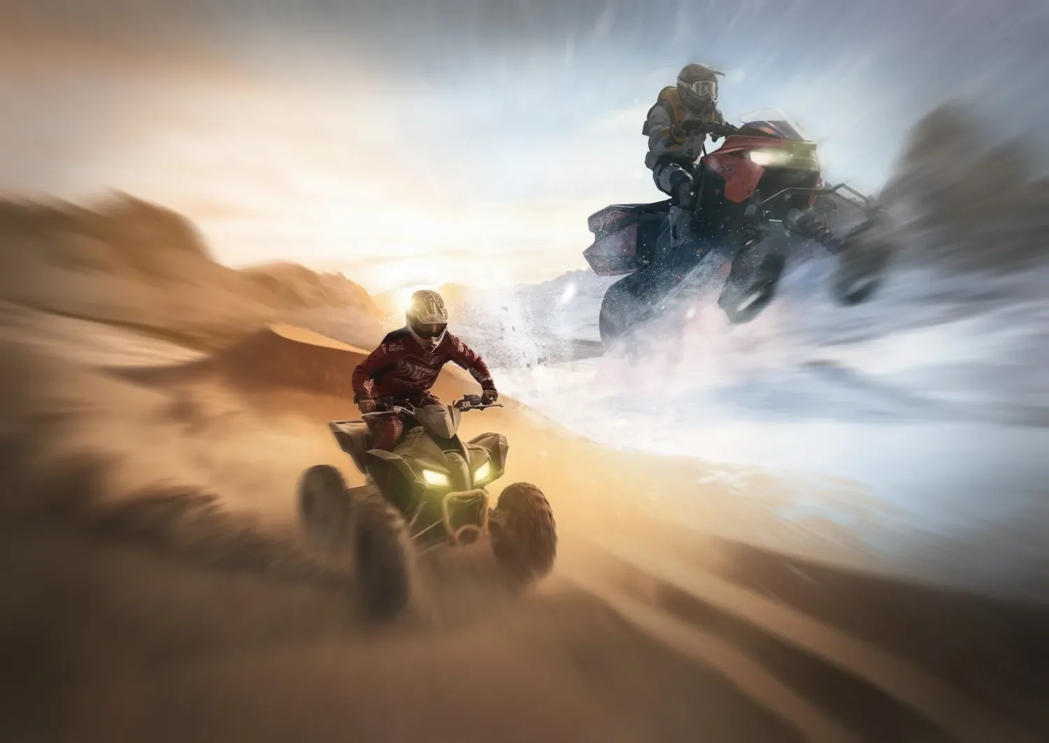 Dos pilotos de ATV compiten en un paisaje desértico, levantando polvo y arena mientras realizan acrobacias. El sol se pone en el horizonte, creando un ambiente emocionante y dinámico para la aventura off-road.
