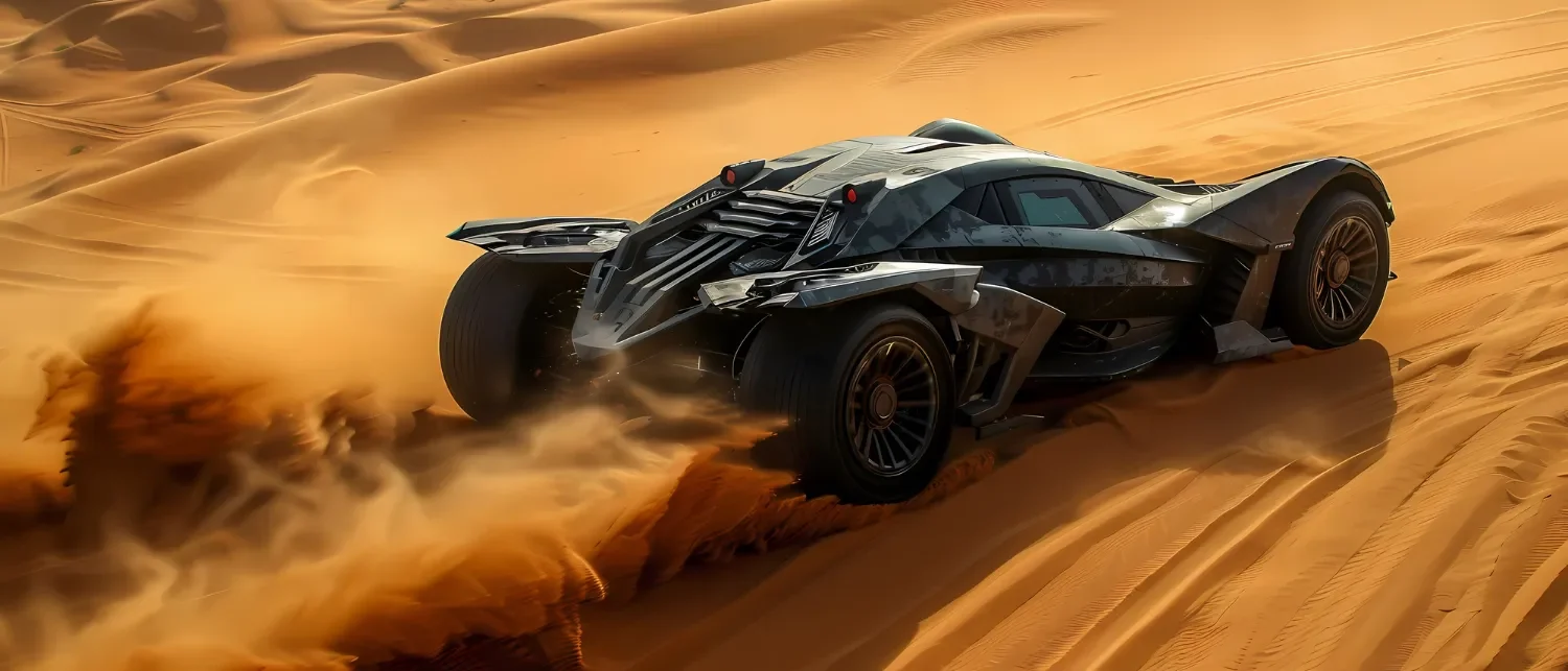 Vehículo todoterreno de diseño futurista surcando dunas de arena en un desierto, levantando polvo y mostrando su potente rendimiento en terrenos difíciles.