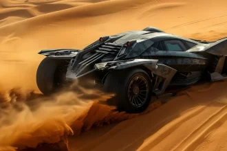 Vehículo todoterreno de diseño futurista surcando dunas de arena en un desierto, levantando polvo y mostrando su potente rendimiento en terrenos difíciles.